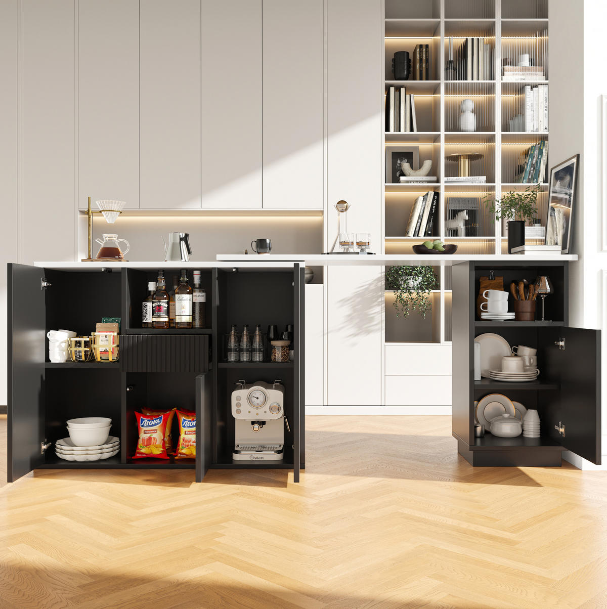 BARTISCH 210/30/100,9 cm mit 360°-Drehfunktion, offenem und geschlossenem Stauraum, MDF mit Marmoroptik, Schwarz - Schwarz, Holzwerkstoff (30/210/100.9cm) - Redom