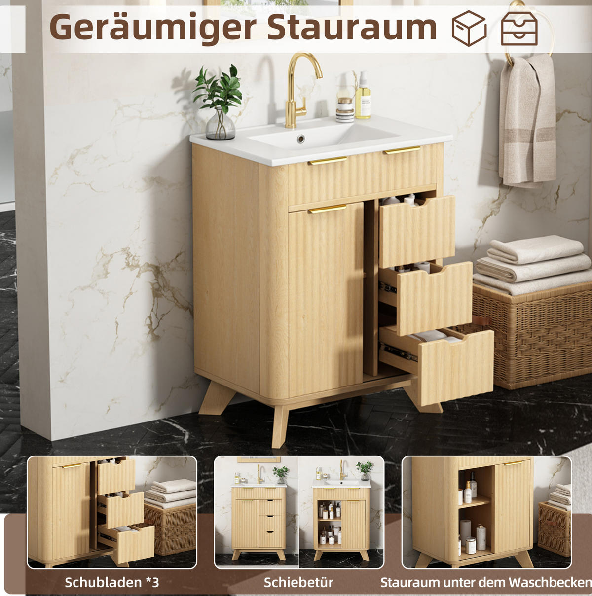 WASCHTISCHKOMMODE aus MDF und Keramik 61x47x90 cm Naturholz mit Schiebetür, 3 Schubladen und Keramikwaschbecken - Eichefarben, Keramik (61/90/47cm) - Modfu
