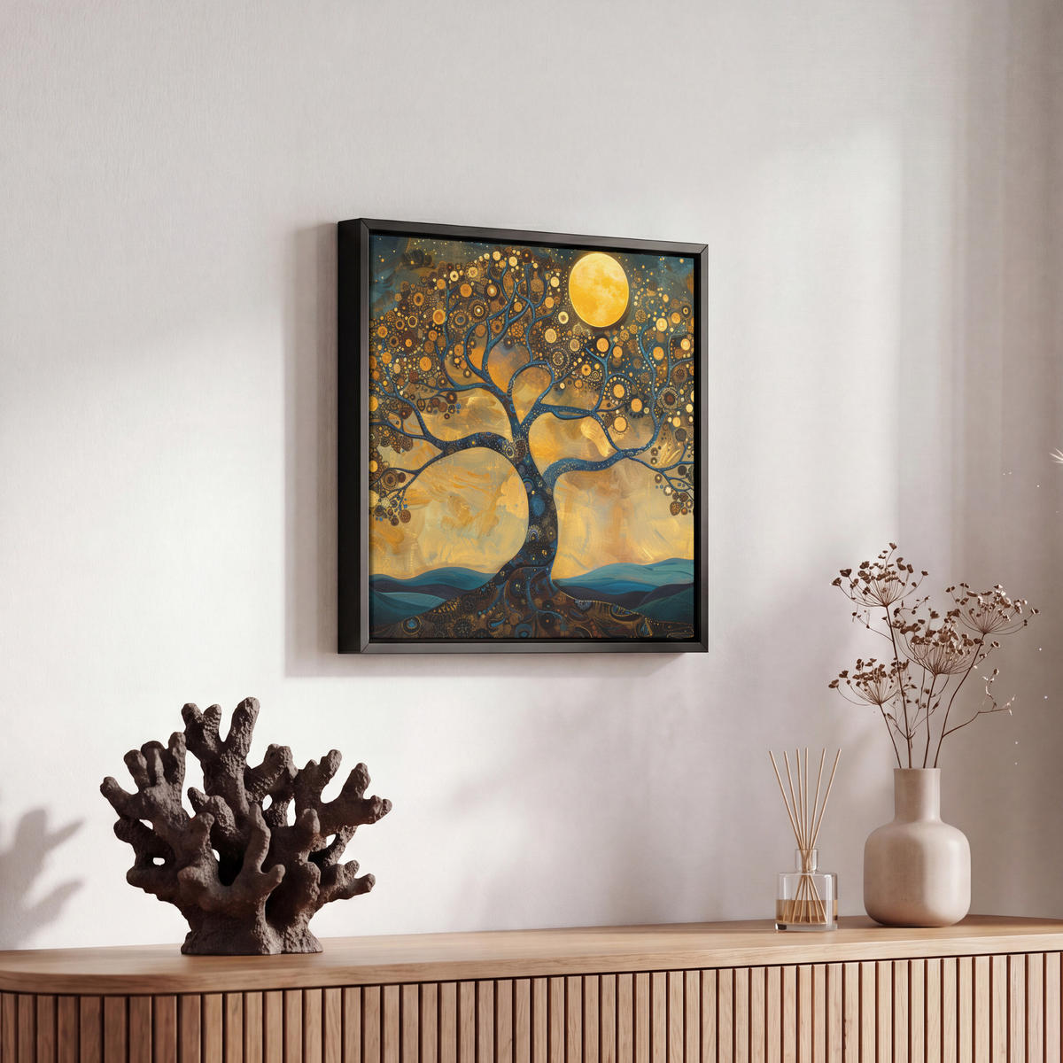 LEINWAND Bilder mit Rahmen - Baum - Mond - Blumen - Gold - Kunst - 20x20 - Orange, Textil (20/20cm) - MuchoWow