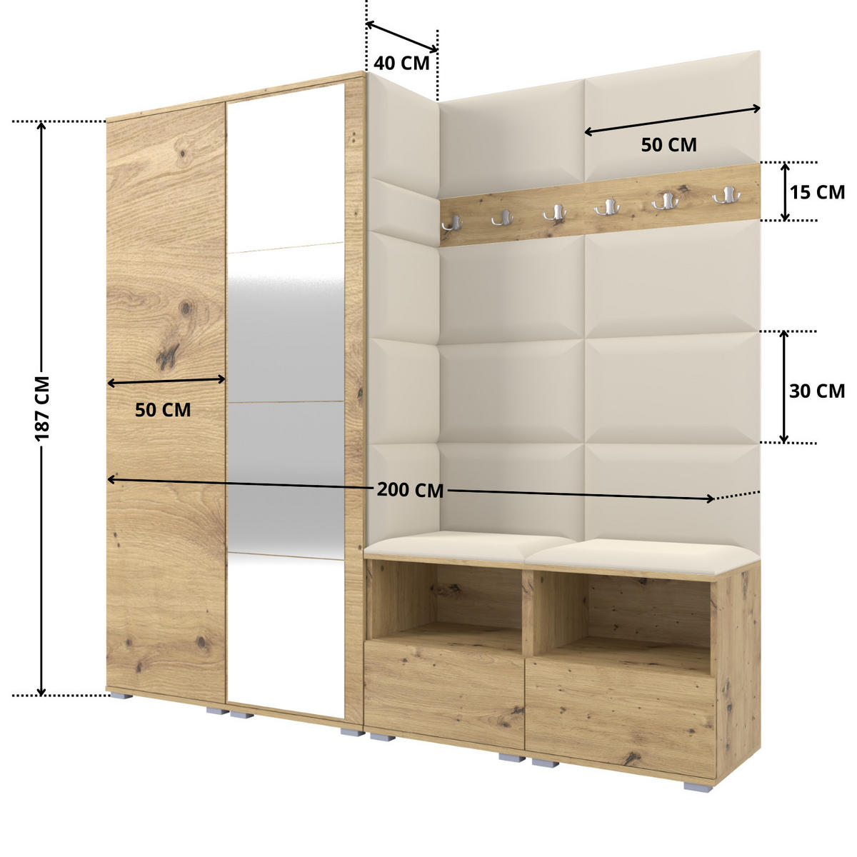 GARDEROBE NELA VI 200 cm (Kompaktgarderobe Artisan Eiche mit Spiegel & Sitzpolster Creme 01 Schrank & Paneel) - Silberfarben/Creme, Holz/Holzwerkstoff (200/187/40cm) - Ravio