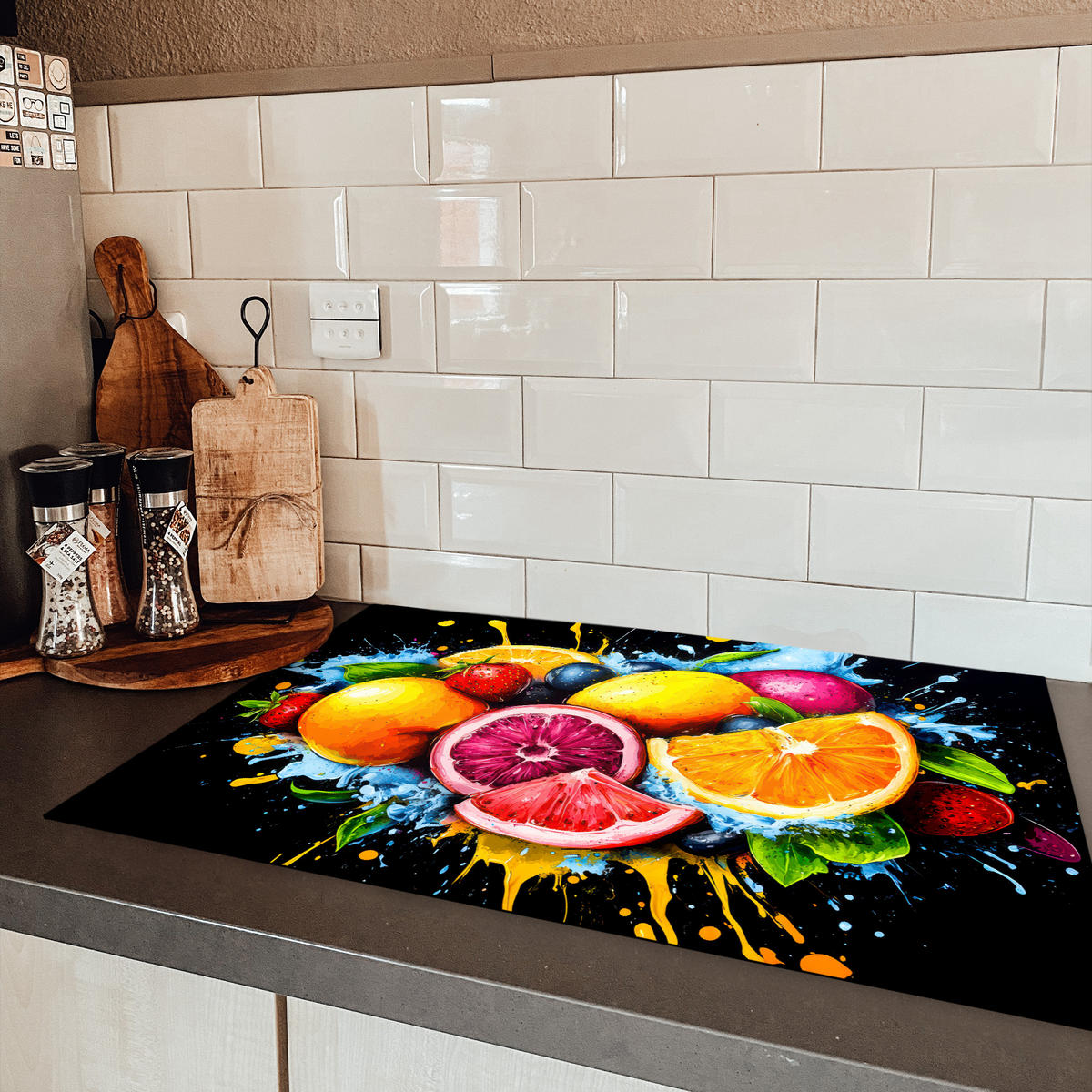 HERDABDECKPLATTE Obst - Graffiti - Bunt - Orange - Erdbeere - Abstrakt 80x52 cm - Orange, Kunststoff (80.2/52.2/0.2cm) - MuchoWow