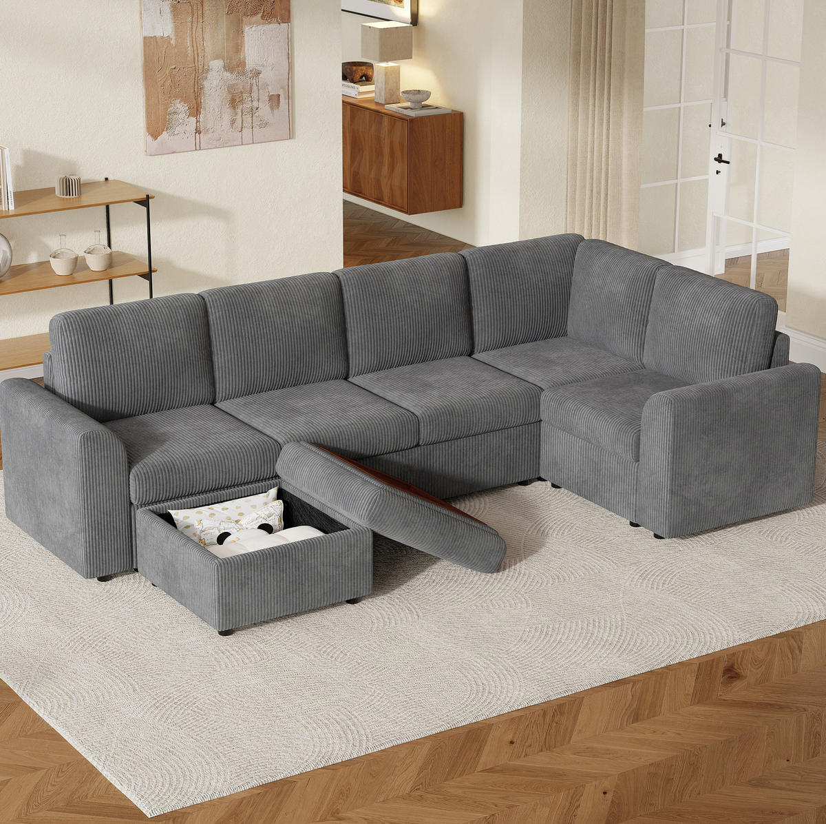 ECKSOFA 282/153/85 cm grau aus Cord mit Schlaffunktion und Hocker - Grau, Textil (153/282cm) - OKWISH