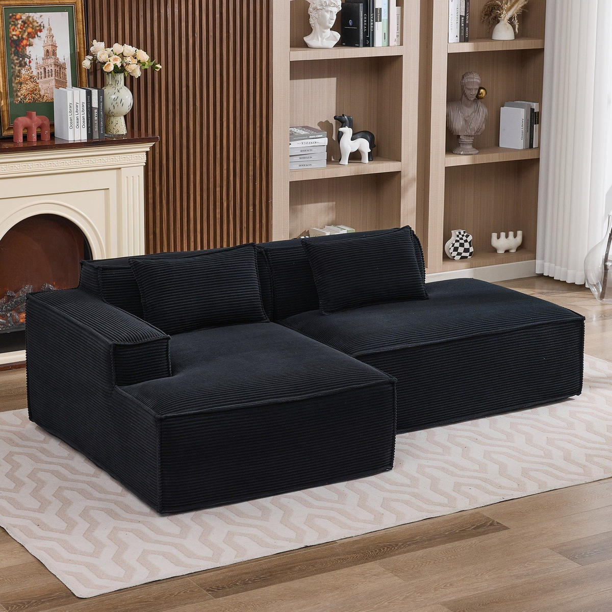 ECKSCHLAFSOFA L-/U-/2-er Sofa mit Schlaffunktion,Modulsofa,Cord,Schwarz - Schwarz, Textil (129/233cm) - LVHOM