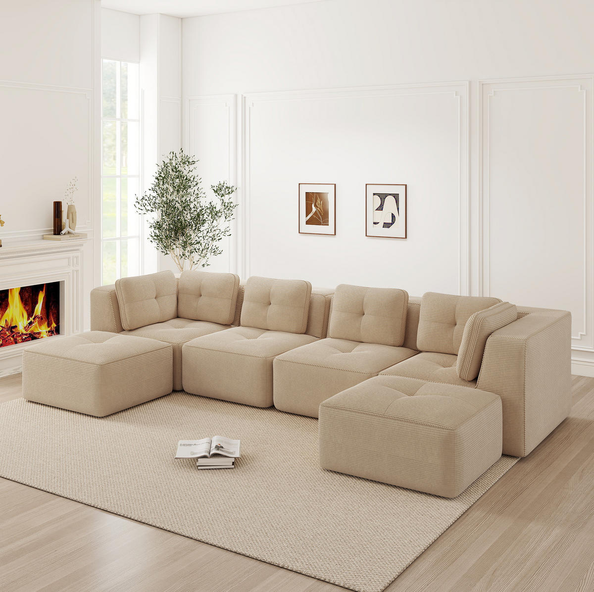 WOHNLANDSCHAFT 386/177/69 cm in Beige aus Cord mit rutschfestem Stand - Beige, Textil (177/69/386cm) - Flora Grace