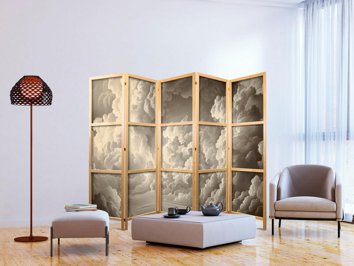 PARAVENT Japanischer 5-tlg 225x172 cm Wolken 3D Effekt - Beige, Holz/Textil (225/172/3cm) - Muralo