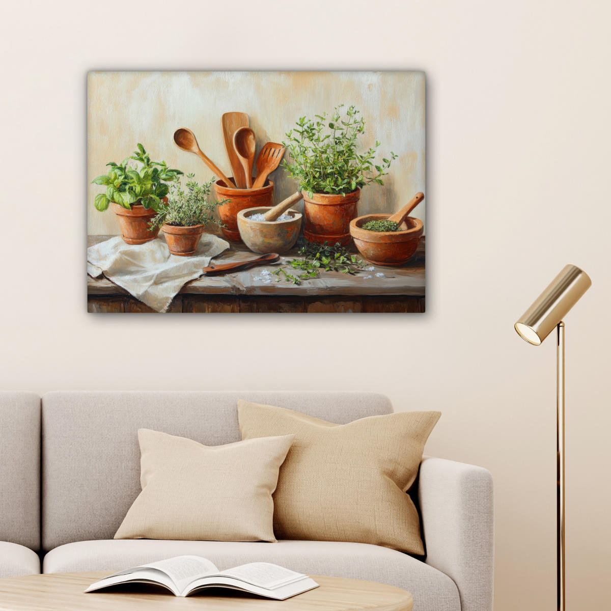 LEINWANDBILD Töpfe - Kräuter - Holz Wandbilder 80x60 cm - Terracotta, Textil (80/60cm) - MuchoWow