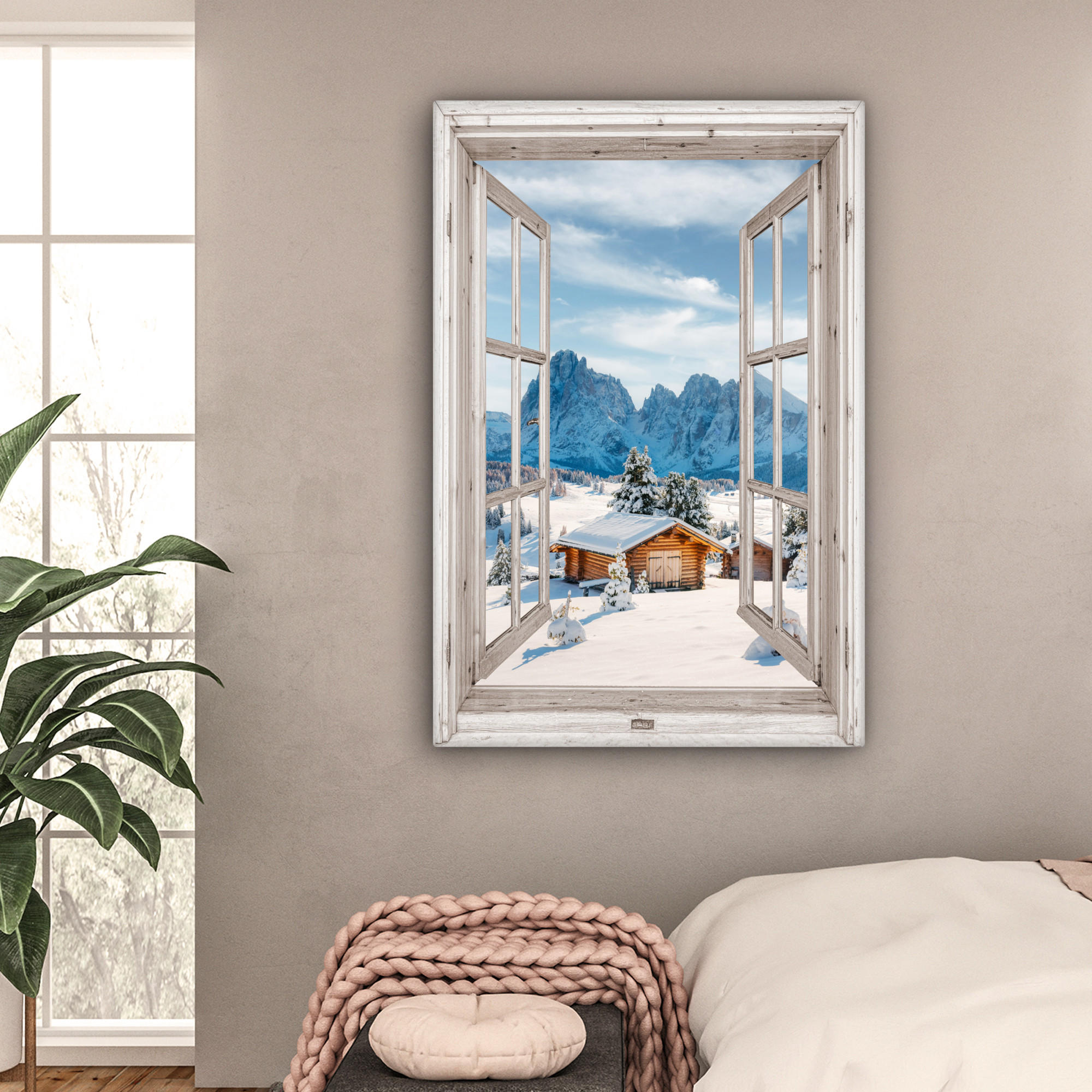 LEINWANDBILD Winterlandschaft - Hütte - Berge - Ausblicke - Aussicht - Natur 80x120 cm - Weiß Hochglanz, Textil (80/120cm) - MuchoWow