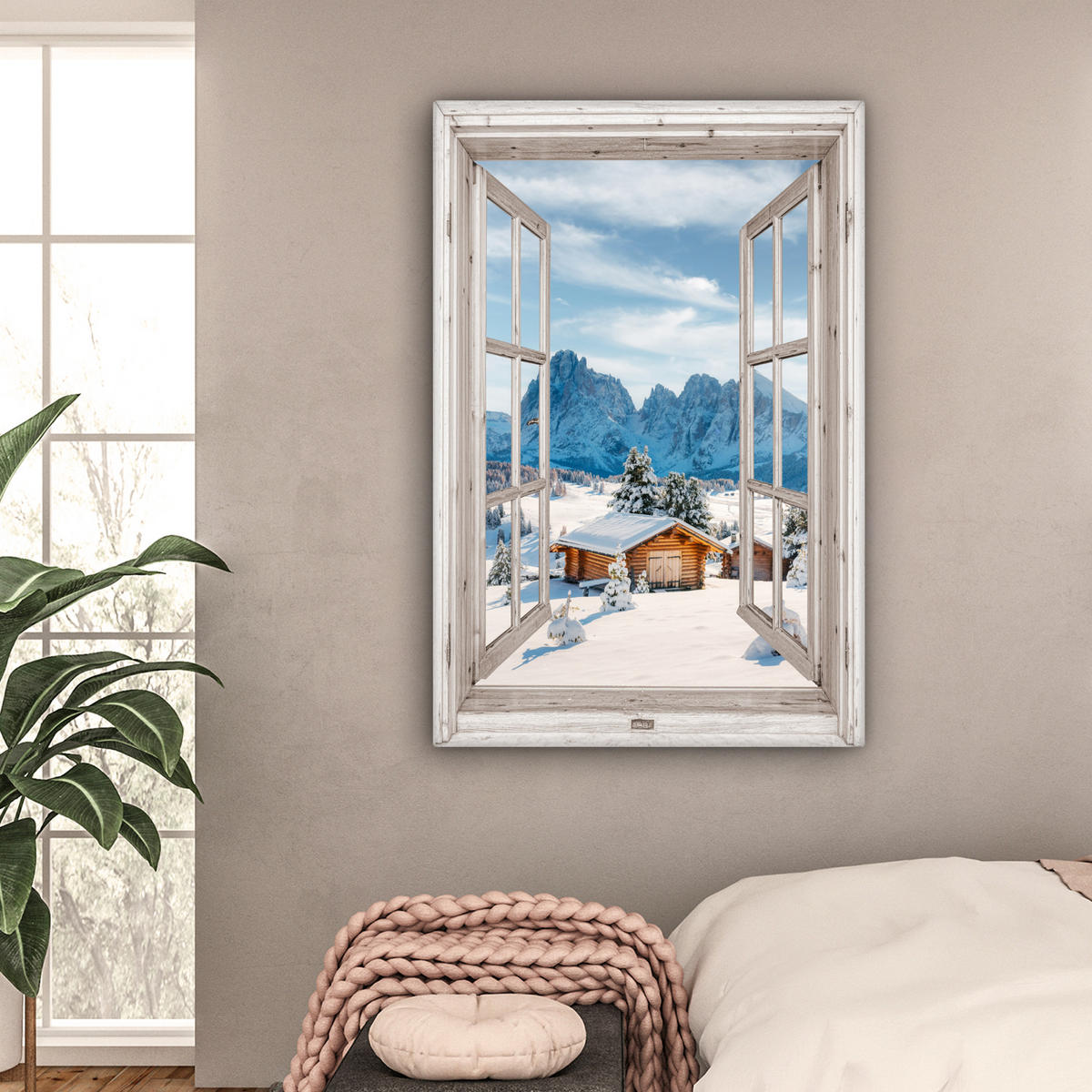 LEINWANDBILD Winterlandschaft - Hütte - Berge - Ausblicke - Aussicht - Natur 80x120 cm - Weiß Hochglanz, Textil (80/120cm) - MuchoWow