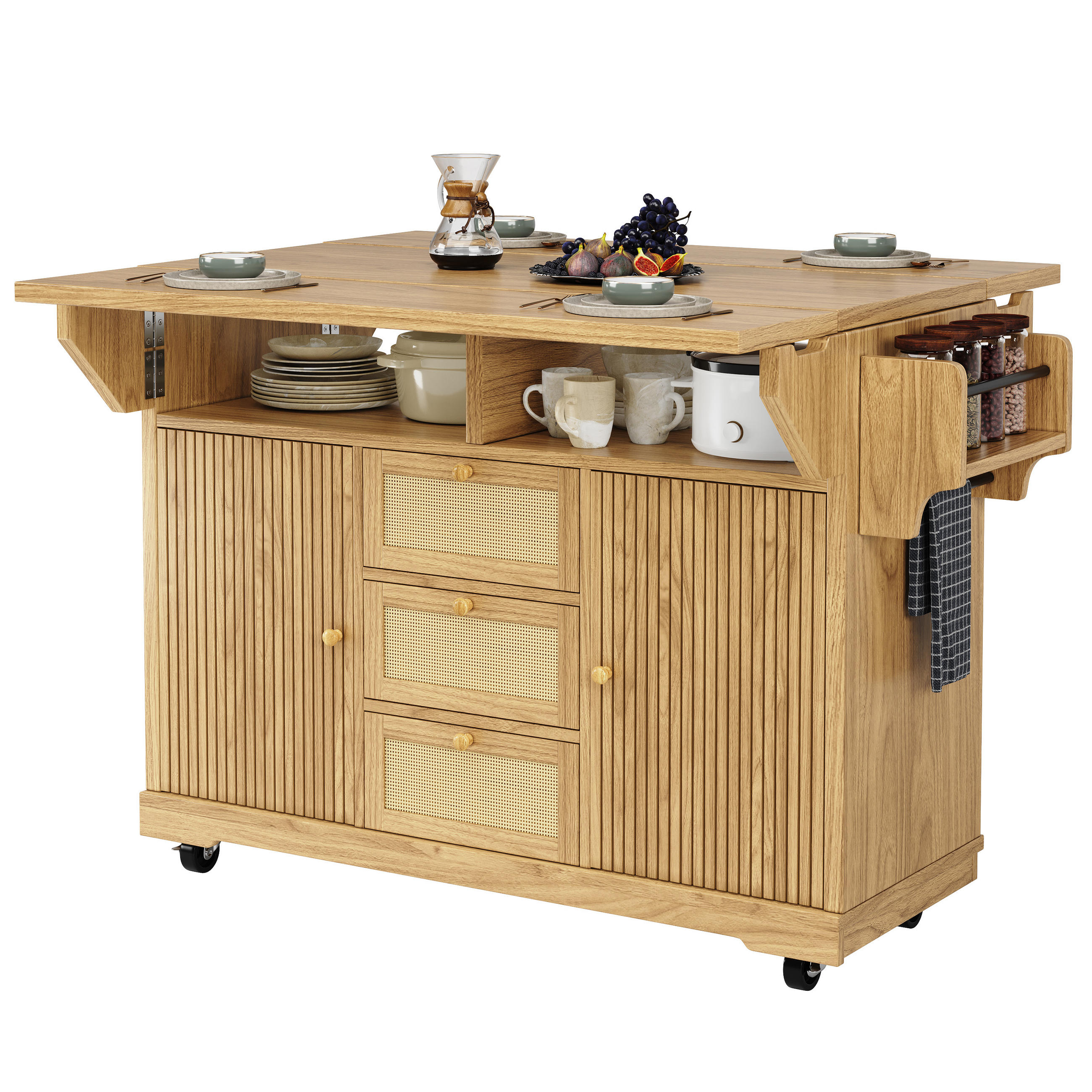 KÜCHENINSEL DE-41166 142,5/40-80/95 cm mit beidseitig klappbarer Tischplatte Naturbraun - Naturfarben, Holzwerkstoff (142.5/95/80cm) - ComfortXL