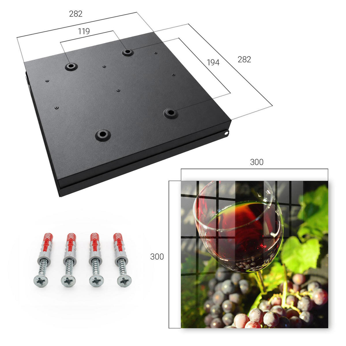 SCHLÜSSELBOX Schwarz 30x30 cm- Türöffnung nach rechts - Trauben und Wein - Rot, Metall (30/30/5cm) - TULUP