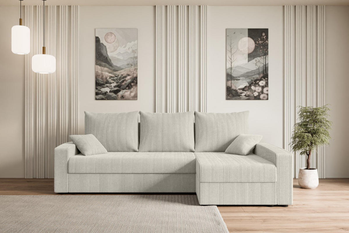 ECKSOFA mit Schlaffunktion und Bettkasten ALESIA-L 231x140x90 cm Creme Cord - Silberfarben/Hellgrau, Holzwerkstoff/Kunststoff (231/140cm) - ALTDECOR