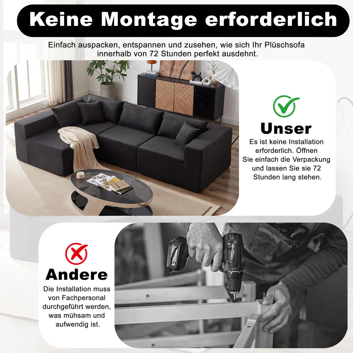 ECKSOFA 264/167/71 cm Schwarz Cord - Schwarz, Textil (264/167cm) - Oxeza