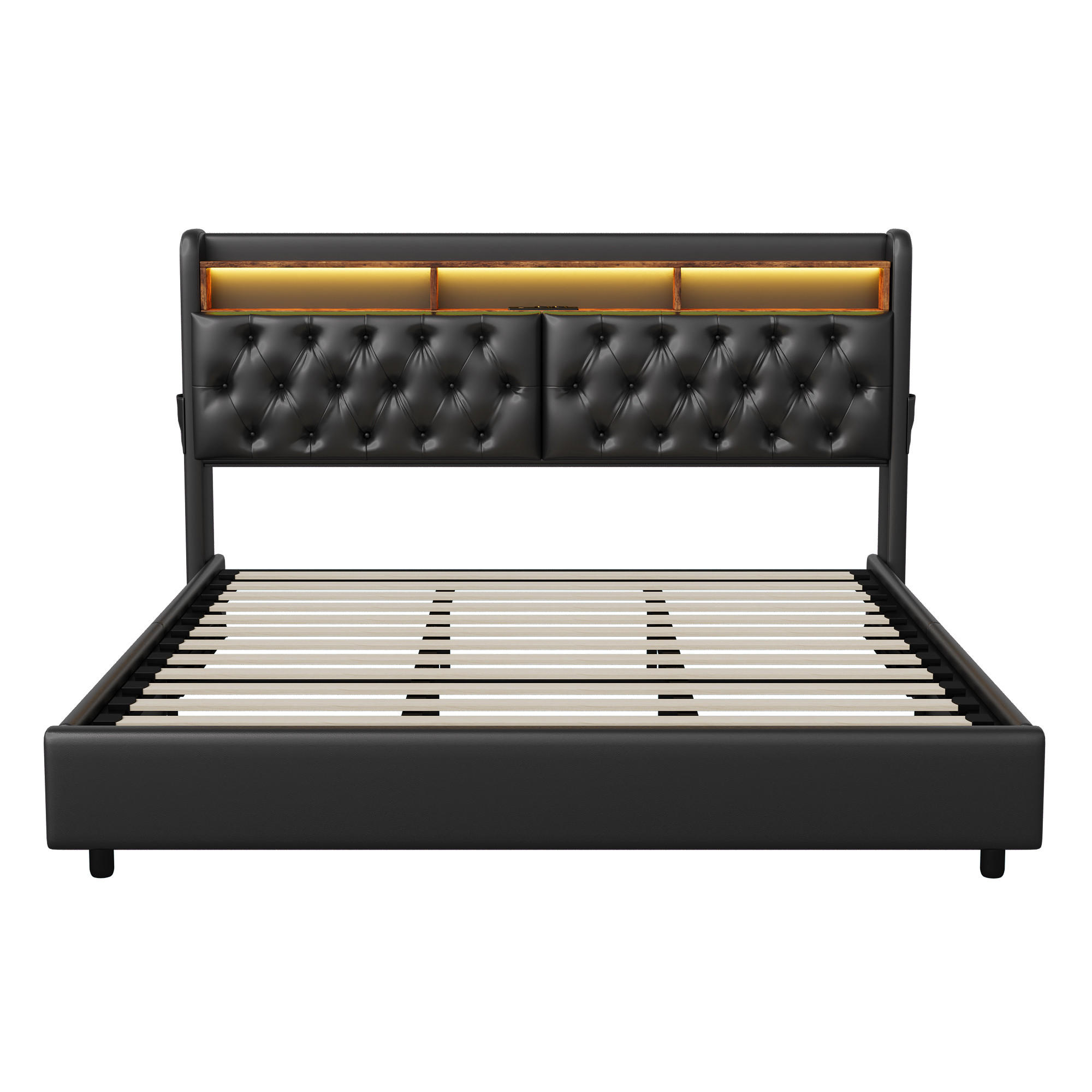 POLSTERBETT 160x200 cm LED USB Stauraum PU Leder schwarz - Schwarz, Holz (160/200cm) - LEBENLANG