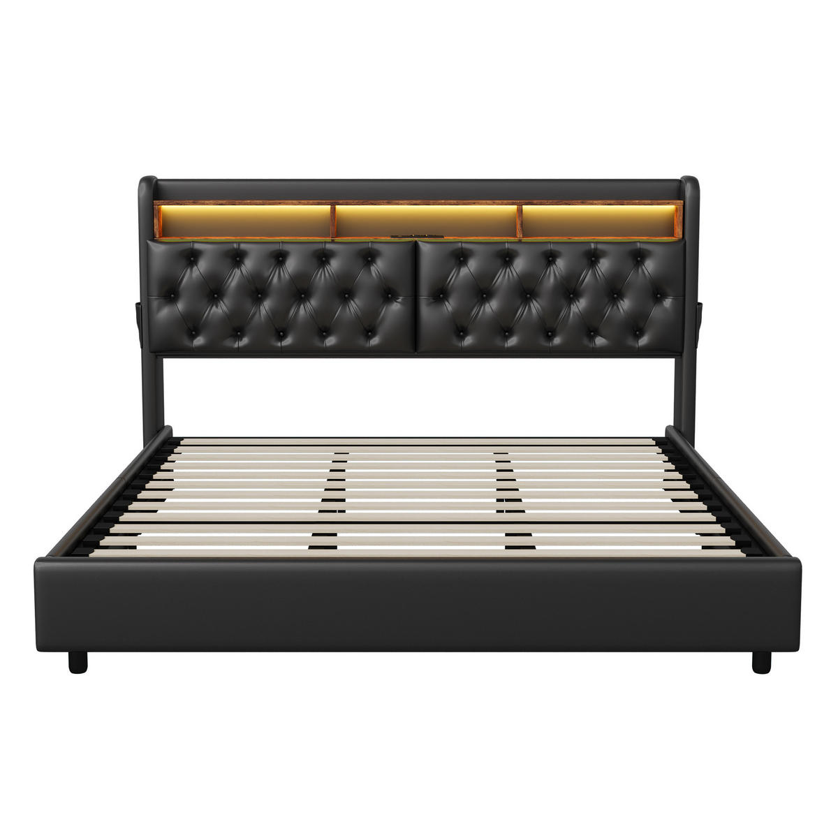 POLSTERBETT 160x200 cm LED USB Stauraum PU Leder schwarz - Schwarz, Holz (160/200cm) - LEBENLANG