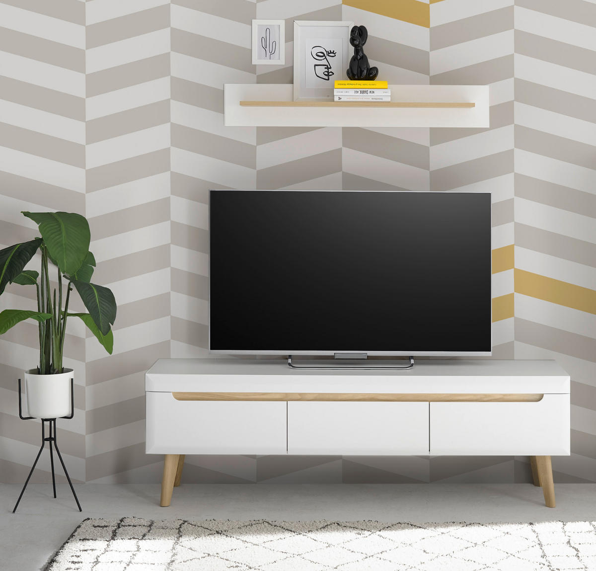 TV-LOWBOARD weiß matt, Eiche, skandinavisch 160 cm, TV-Unterteil mit Schubladen - Eichefarben/Weiß, Holz/Holzwerkstoff (160/50/40cm) - Furn.Design