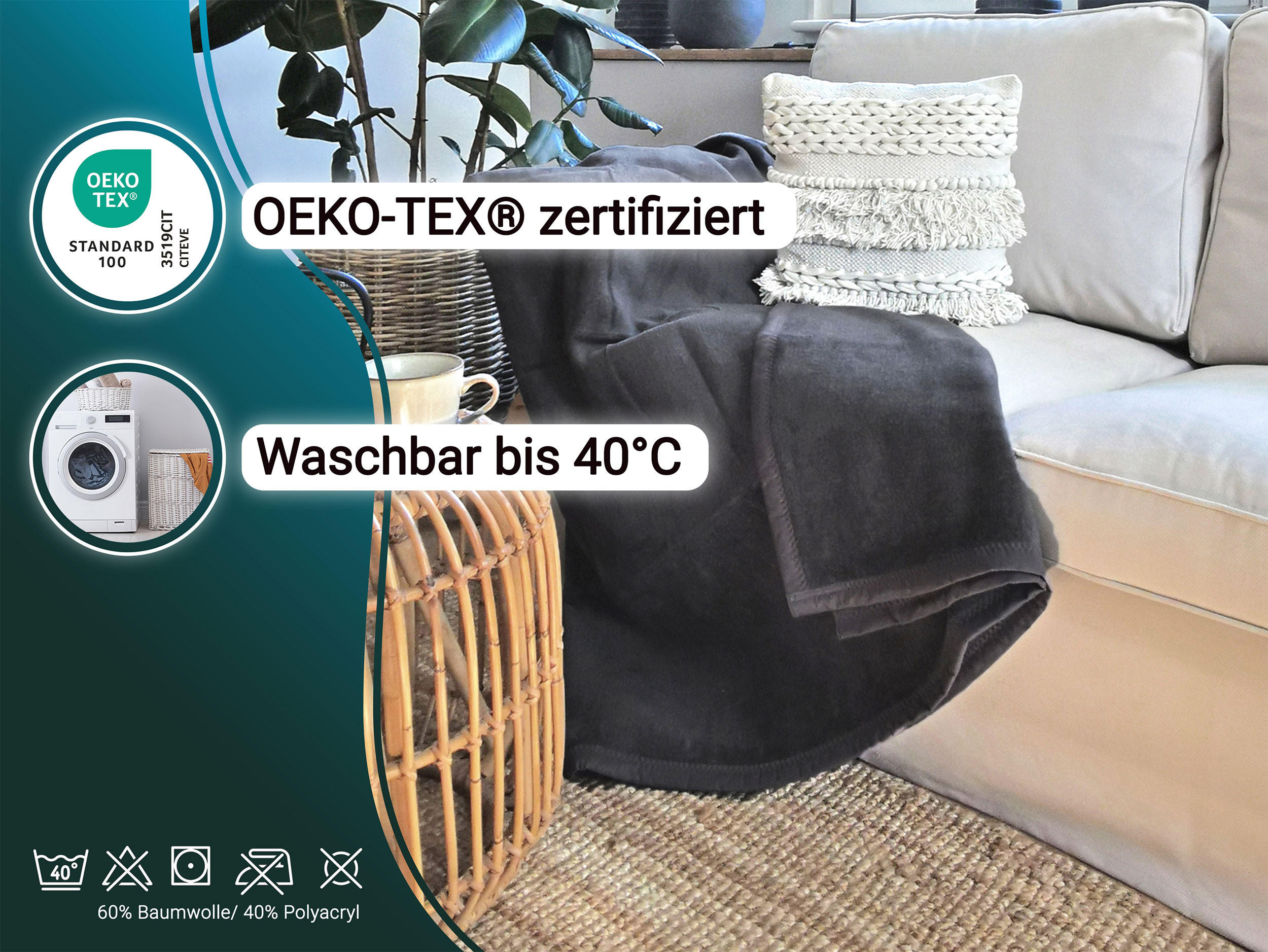 KUSCHELDECKE, 150x200 cm, 60% Baumwolle, 40% Polyacryl, Schwarz - Graphitfarben, Naturmaterialien (150/200cm) - Zollner