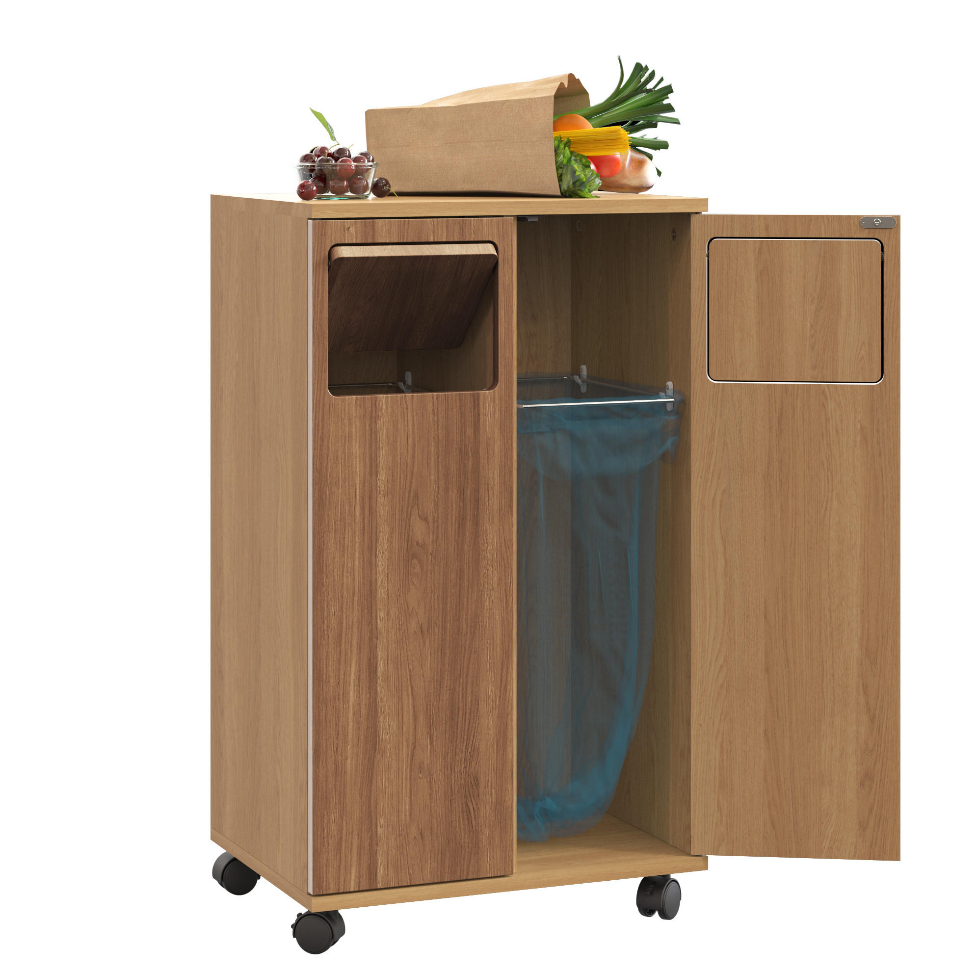KOMMODE 46,7/35/80 cm aus MDF mit 2 Fächern, Rollen und 180° Türen, Natur - Naturfarben, Holzwerkstoff (46/80/35cm) - Redom