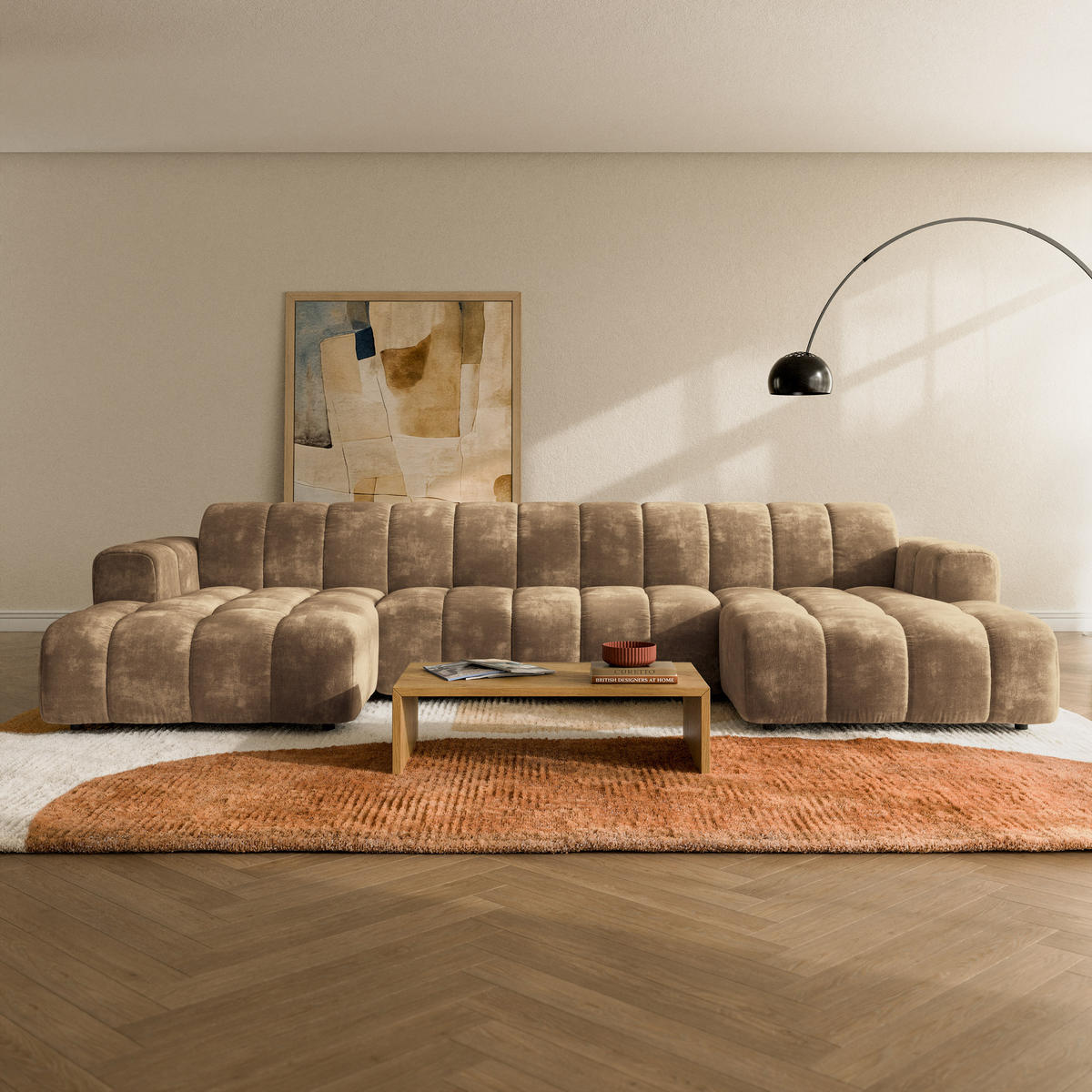 WOHNLANDSCHAFT AENIS Beige Chenille - Beige, Holz (398/85/165cm) - MASSENO