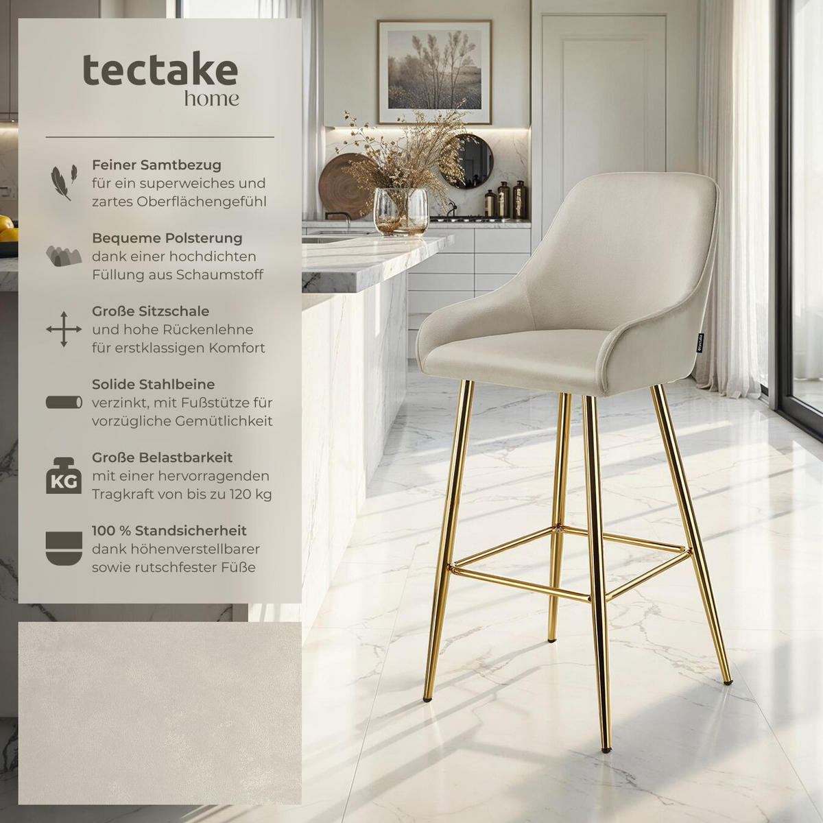 BARSTUHL Avane,48,5 x 57 x 108 cm, Belastbarkeit 120 kg,creme/gold - Goldfarben/Creme, Kunststoff/Textil (48.5/108/57cm) - tectake