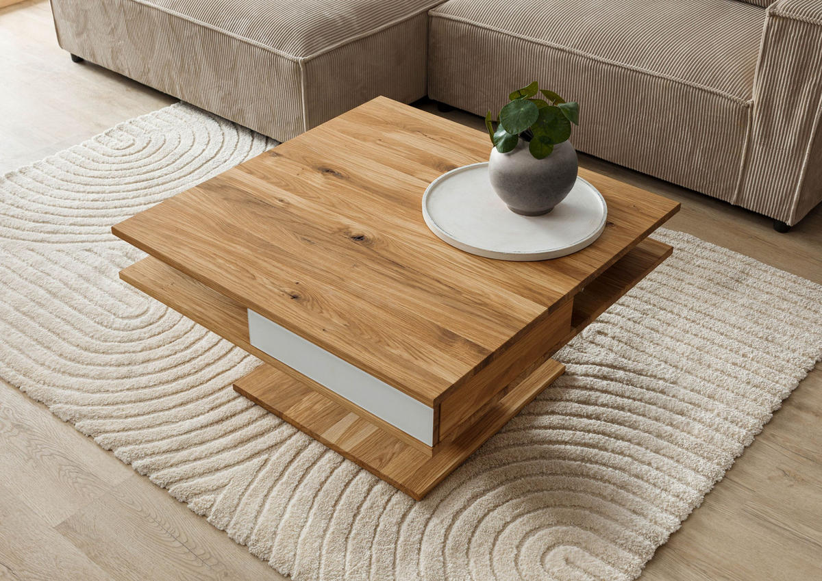 COUCHTISCH Wildeiche 85x85x45 natur geölt / Glas weiß WIEN #100 - Braun, Holzwerkstoff (85/85/45cm) - Massivmoebel24