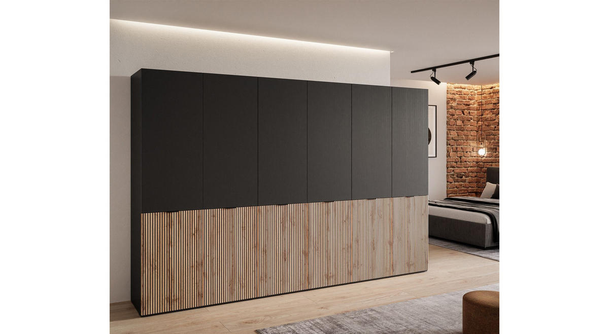 KLEIDERSCHRANK SANDBOX LOFT 300 303/49/200 cm Schwarzgraphit / Schwarzgraphit + Eiche Wotan ohne LED ohne Zusatzböden - Eiche Wotan/Schwarz, Holzwerkstoff/Kunststoff (303/200/49cm) - Lookway