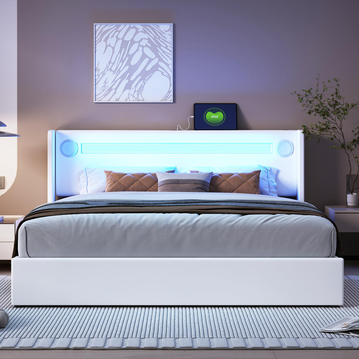 POLSTERBETT 160x200 LED Bluetooth USB Stauraum Weiß - Weiß, Holzwerkstoff - FLIEKS