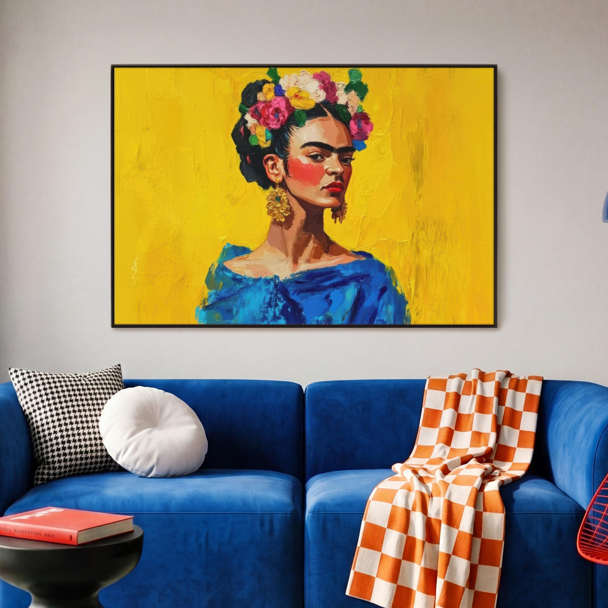 LEINWAND Bilder mit Rahmen - Frida Kahlo - Frau - Gelb - Blau - Blumen - 90x60 - Gelb, Textil (90/60cm) - MuchoWow