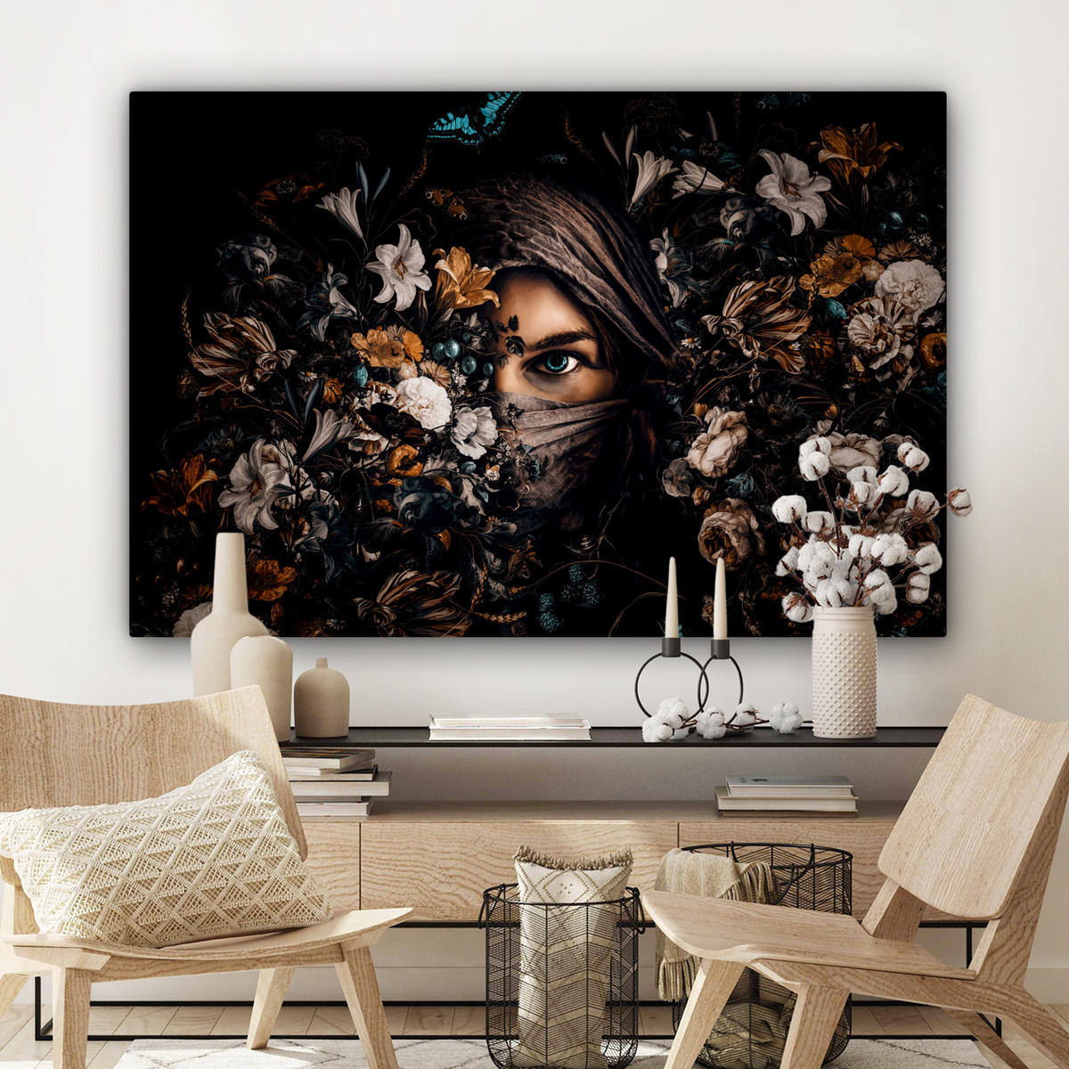 LEINWANDBILD Frau - Luxus - Blumen - Schmetterling - Porträt Wohnzimmer Groß 120x80 cm - Schwarz, Textil (120/80cm) - MuchoWow