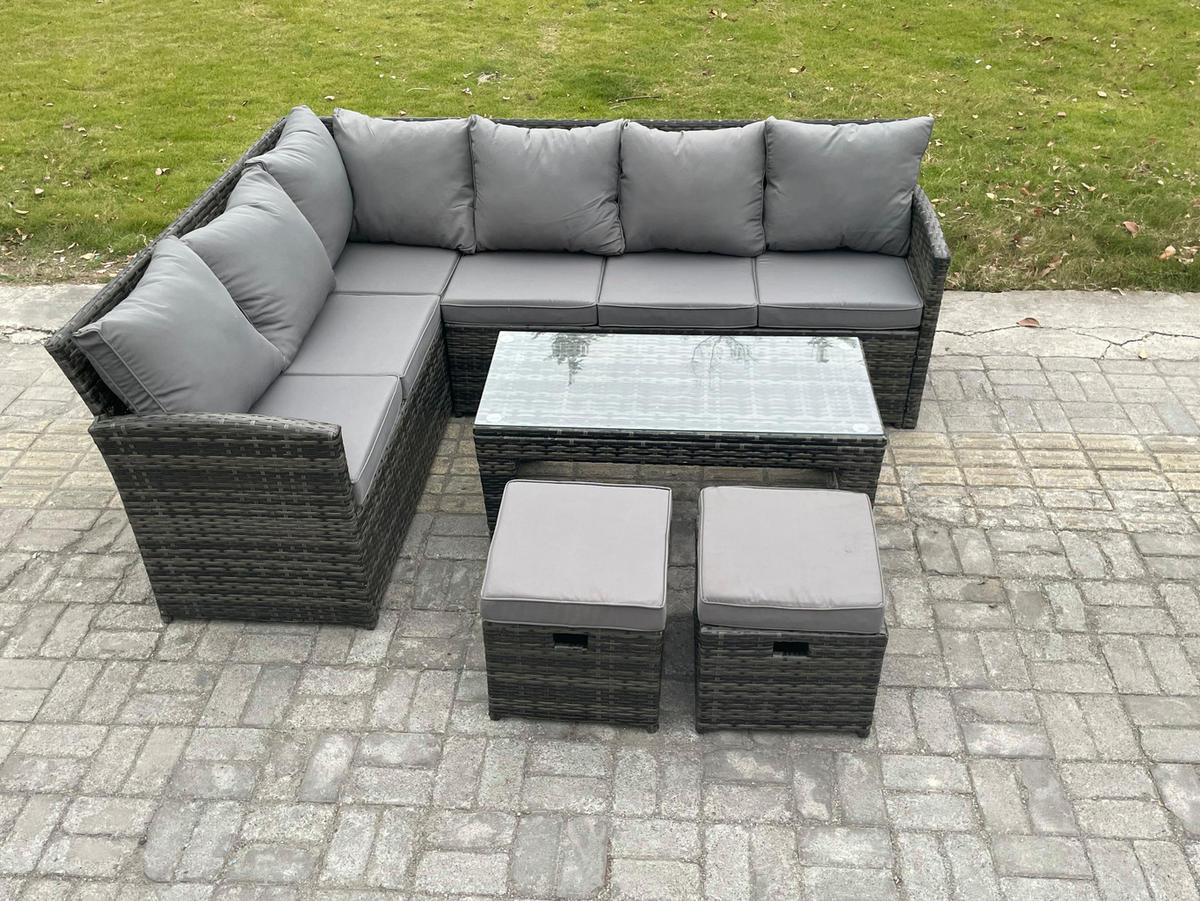 SITZGRUPPE mit Ecksofa,Länglicher Couchtisch,2 Kleine Hocker Polyrattan 8-Sitzer - Dunkelgrau/Grau, Glas/Kunststoff - Fimous