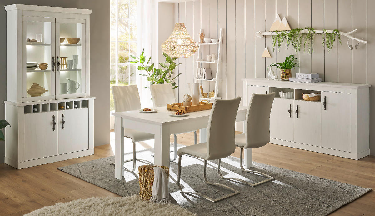 ESSZIMMER-SET weiß Pinie Landhaus, Speisezimmer 3-teilig, Soft-Close und Beleuchtung - Silberfarben/Weiß, Glas/Holzwerkstoff (201/207/90cm) - Furn.Design