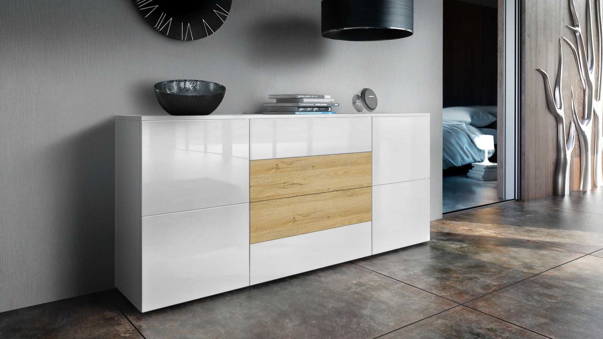 SIDEBOARD Rova Weiß Hochglanz/ Eiche Natur - Weiß Hochglanz, Holzwerkstoff (166/72/35cm) - Vladon