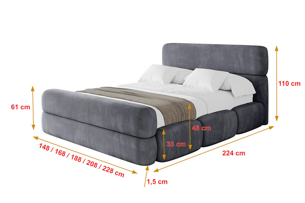 POLSTERBETT mit Bettkasten, Fußteil und Lattenrost, Bett mit Matratze H3/H4 - ELVA-Z 180x200 Dunkelgrau - Dunkelgrau, Holzwerkstoff/Textil (180/200cm) - ALTDECOR
