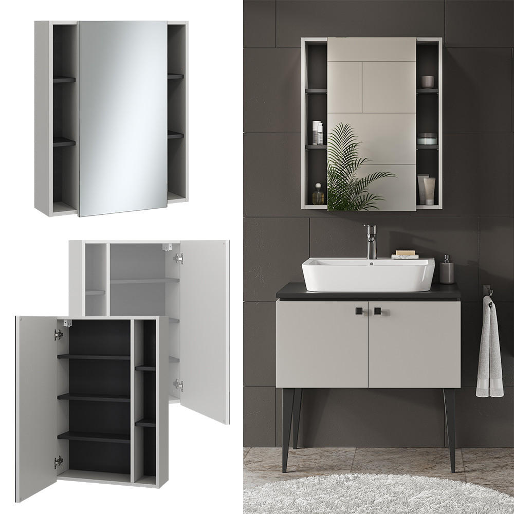 BADSPIEGELSCHRANK Gerta Grau 65 x 80 cm mit Tür und offenen Fächern - Grau, Holzwerkstoff (65/80/20cm) - Vicco