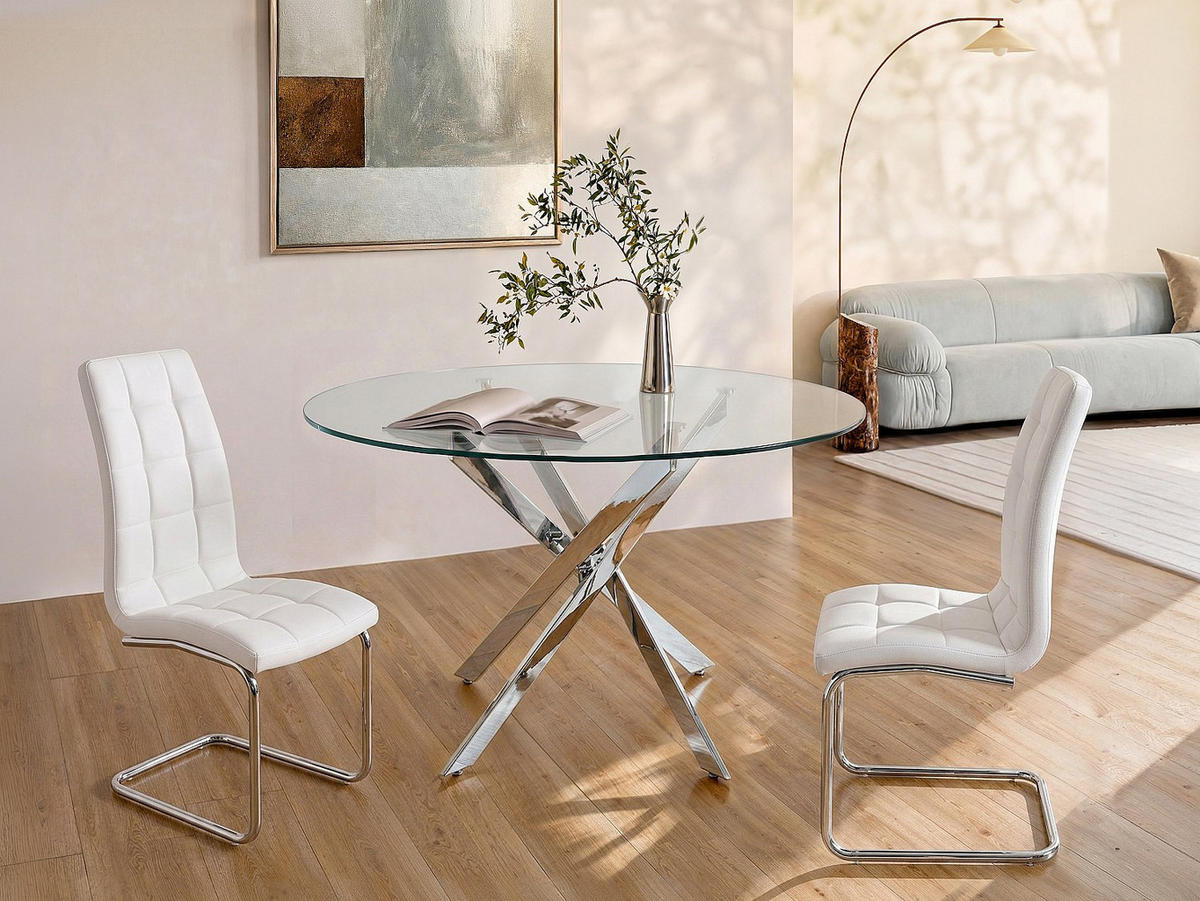 ESSTISCH - 4 Personen - Glas - Transparent, Silberfarben - COSIMA - Chromfarben, Glas (140/140/77cm) - Vente-Unique