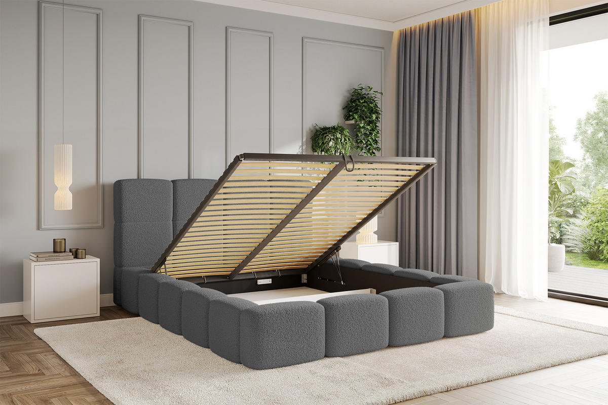 POLSTERBETT mit Bettkasten und Lattenrost mit Kopfteil, Boxbett ohne Matratze, mit Stauraum - NATA 160x200 Grau - Grau, Holzwerkstoff/Textil (160/200cm) - ALTDECOR