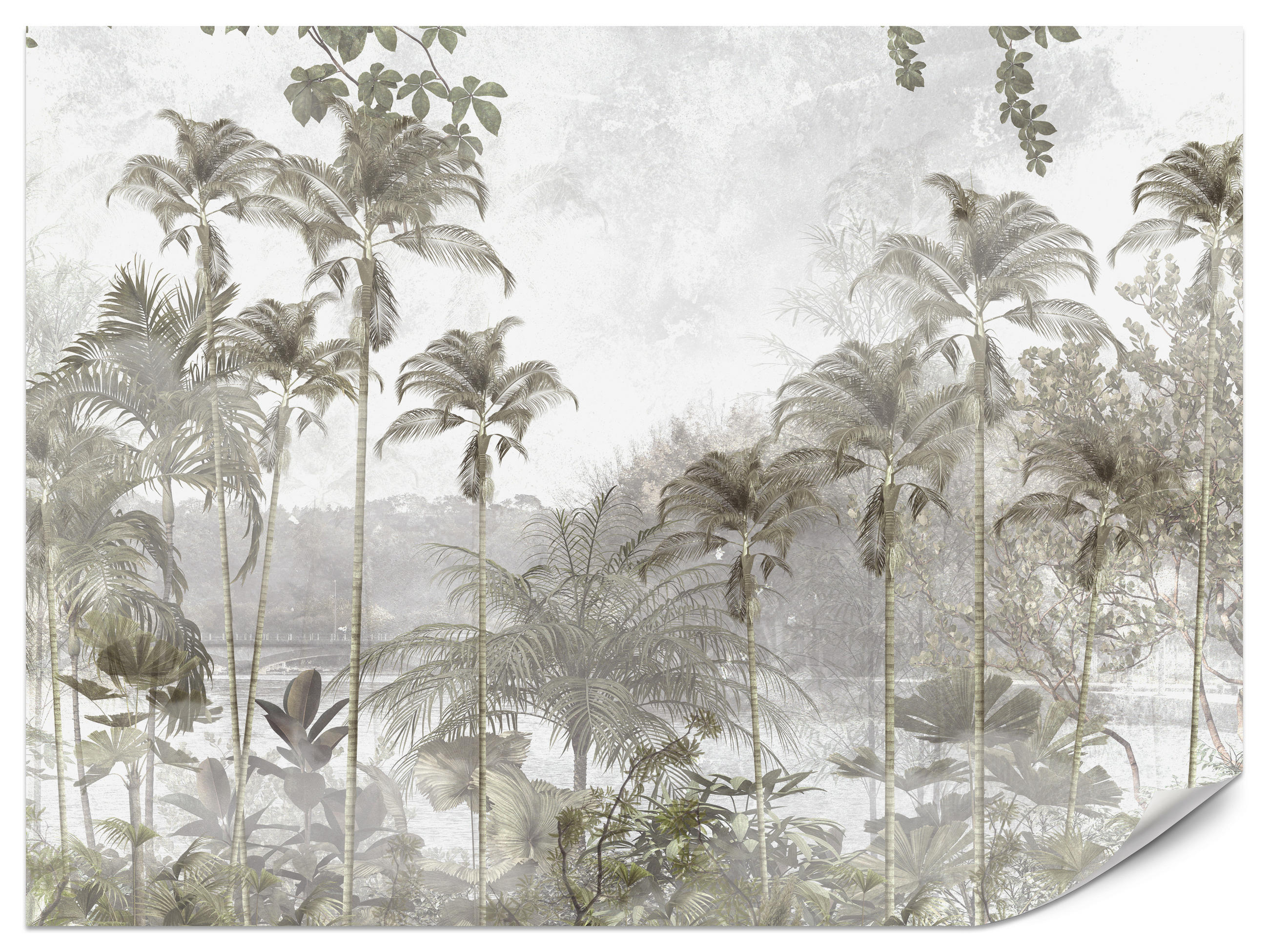 FOTOTAPETE für Wohnzimmer Tropische Bäume Fluss Grau Palmen 400x280 - Beige/Grau, Papier (400/280cm) - Muralo