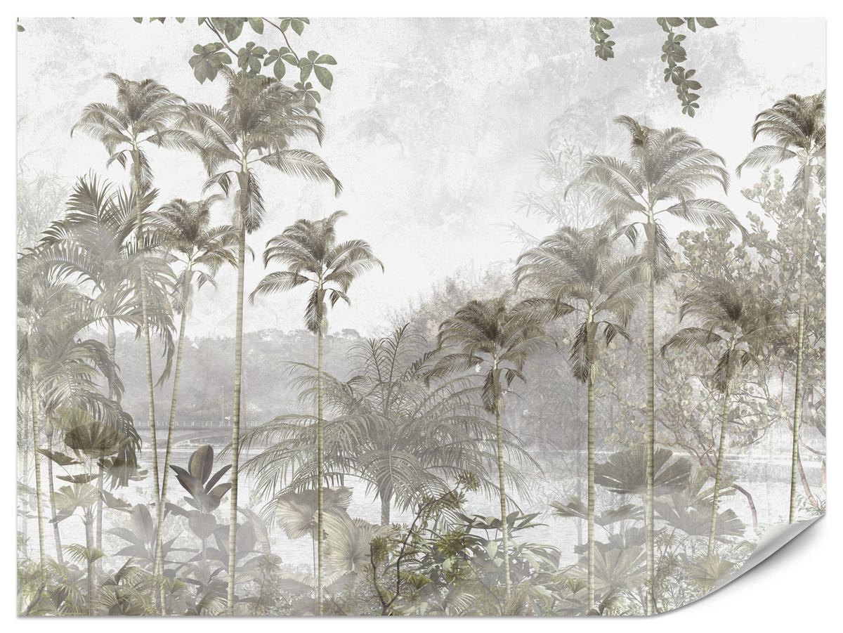FOTOTAPETE für Wohnzimmer Tropische Bäume Fluss Grau Palmen 400x280 - Beige/Grau, Papier (400/280cm) - Muralo