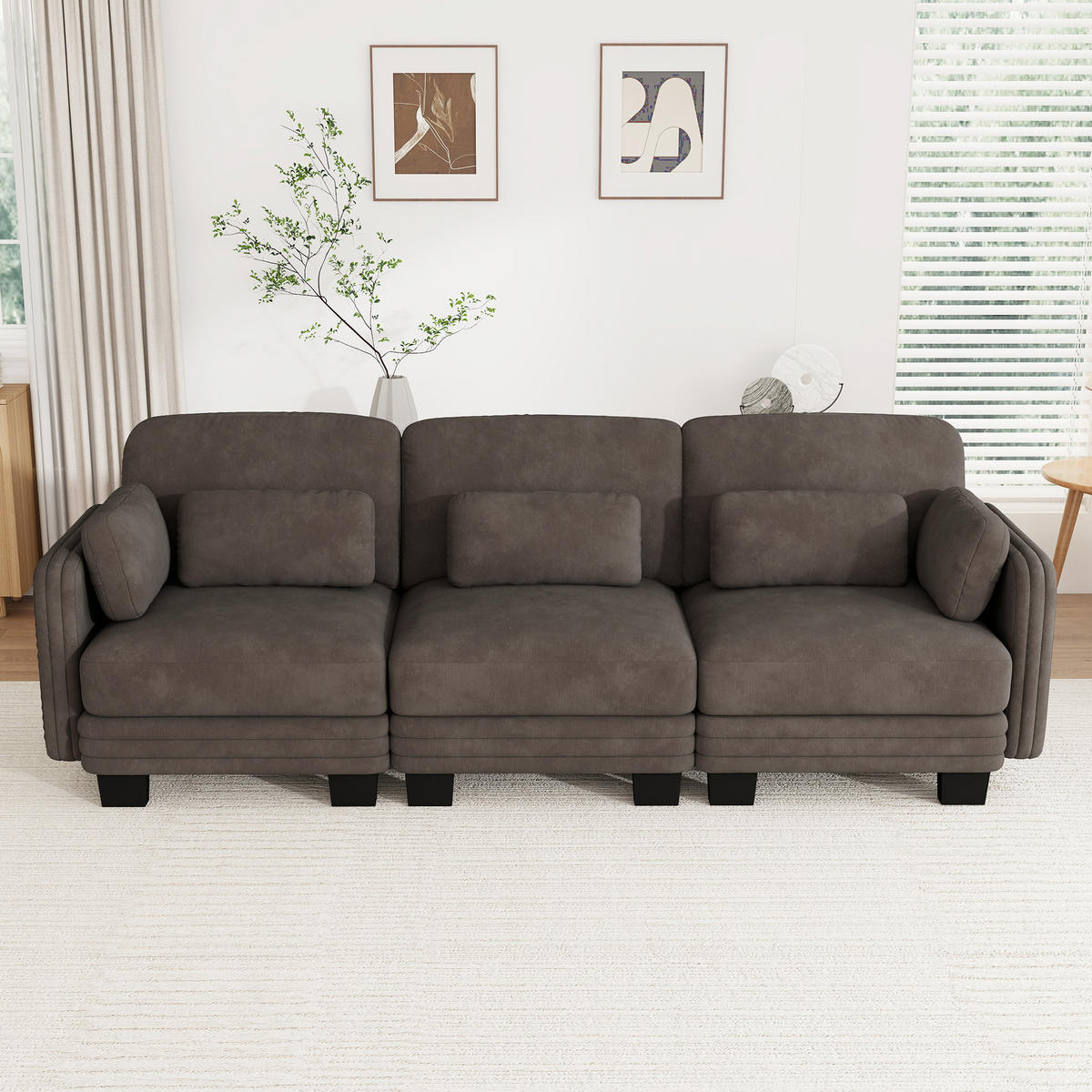 3-SITZER-SOFA Chenille mit Lenden- und Armkissen, DE-42686, Braun - Braun, Holz (253/88/88cm) - ComfortXL