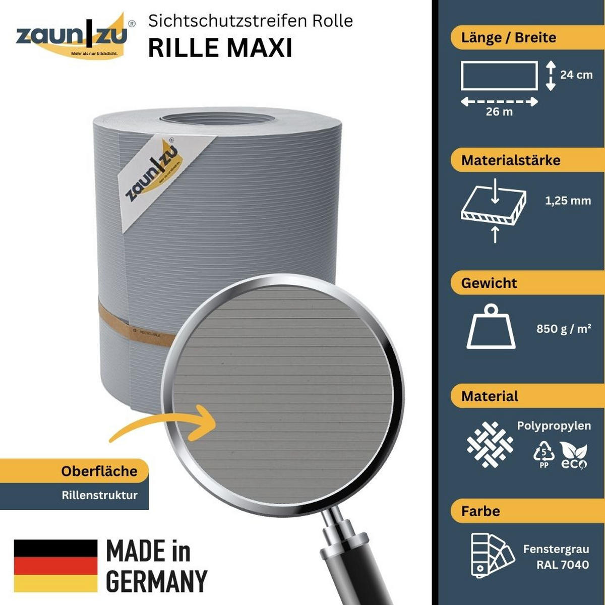SICHTSCHUTZSTREIFEN Rille Maxi Rolle für Doppelstabmatten 24cm hoch Fenstergrau 26m - Hellgrau, Kunststoff (2600/24cm) - ZAUN|ZU
