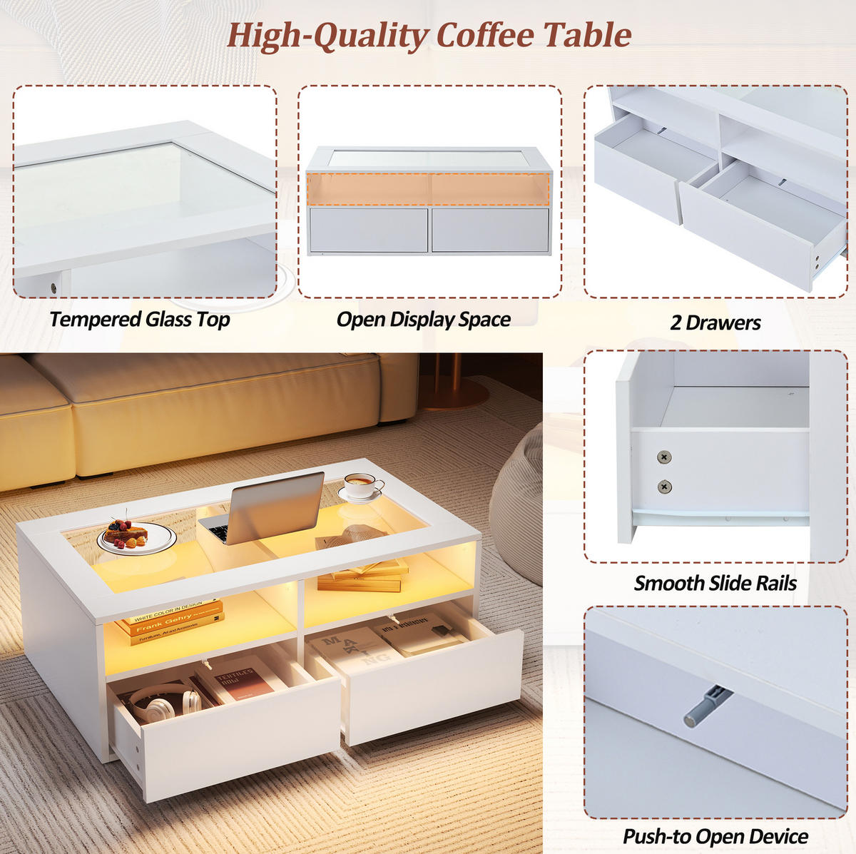 COUCHTISCH 100/50/35 cm weiß aus Glas und Spanplatte mit LED-Licht und 2 Schubladen - Weiß, Glas (100/50/35cm) - OKMYHOME
