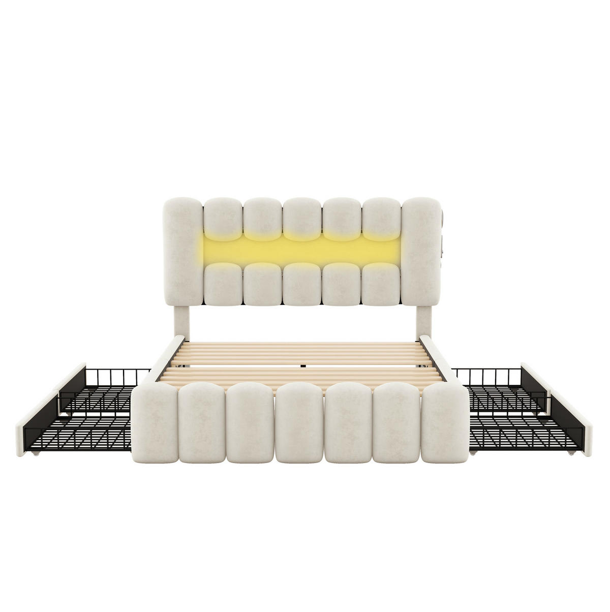 POLSTERBETT mit 4 Schubladen 160x200 cm Samt Beige mit LED, USB und Lautsprechern - Beige, Metall (160/200cm) - Meubliv
