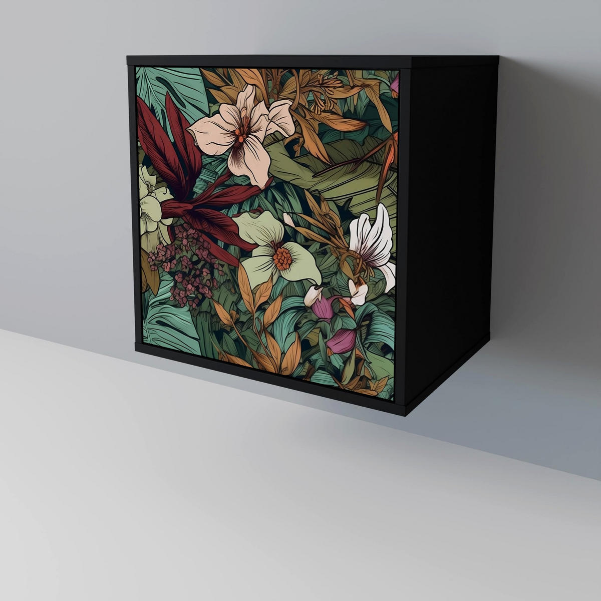 SIDEBOARD BOTANICAL EMERGENCE, Schwarz, 57,5x42x70,5 cm, Schwarze Metall-Sternfüße - Multicolor/Schwarz, Holzwerkstoff/Metall (57.5/70.5/42cm) - SpaceRebels