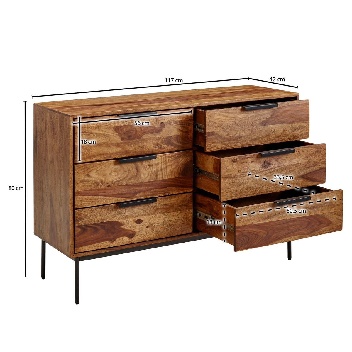 KOMMODE – Massivholz/Metall, 117x80x42 cm, 6 Schubladen, Industrial-Stil - Schwarz/Braun, Holz/Metall (117/80/42cm) - KADIMA DESIGN