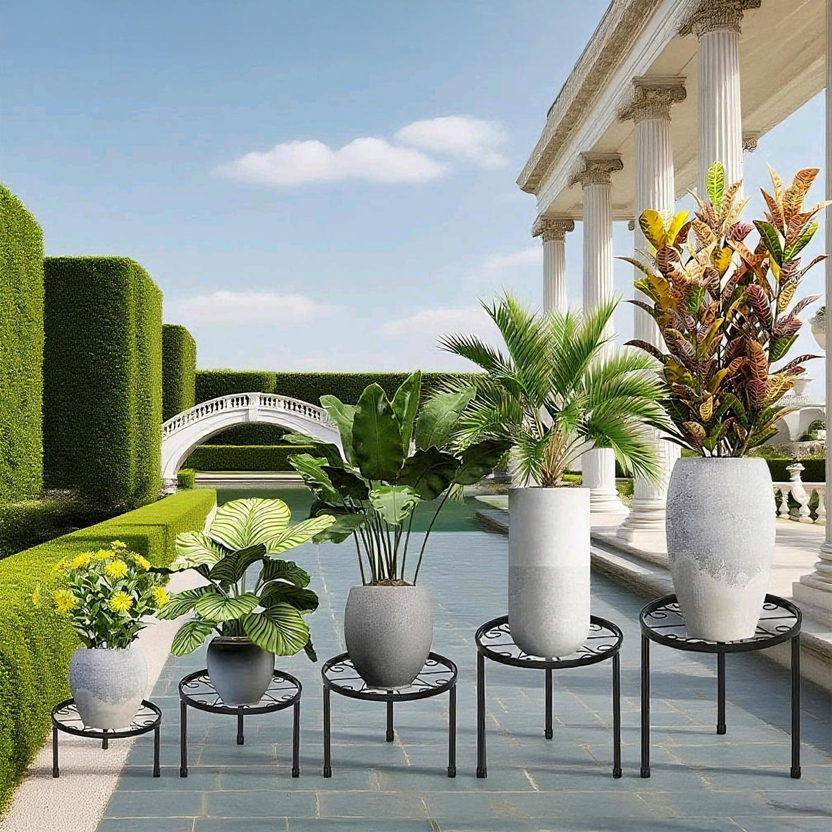 5DÍLNÁ sada stojanů na květiny - černá, kov (30/20/30cm) - Relaxdays