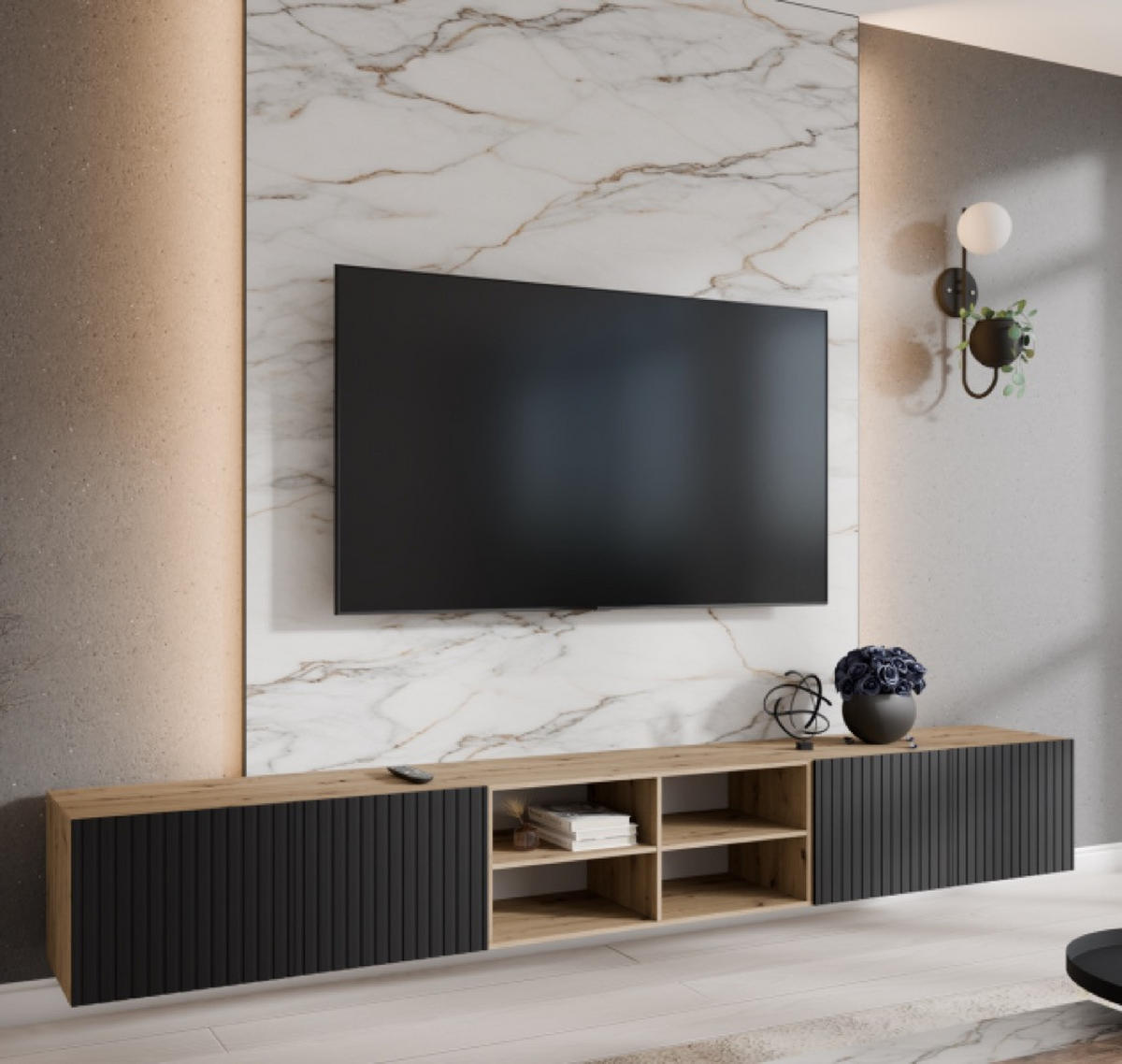 TV-SCHRANK Artisan Schwarz RIO Offene Regale Gerillt 300 cm - Schwarz, Holzwerkstoff (300/41/40cm) - Sepro Meble