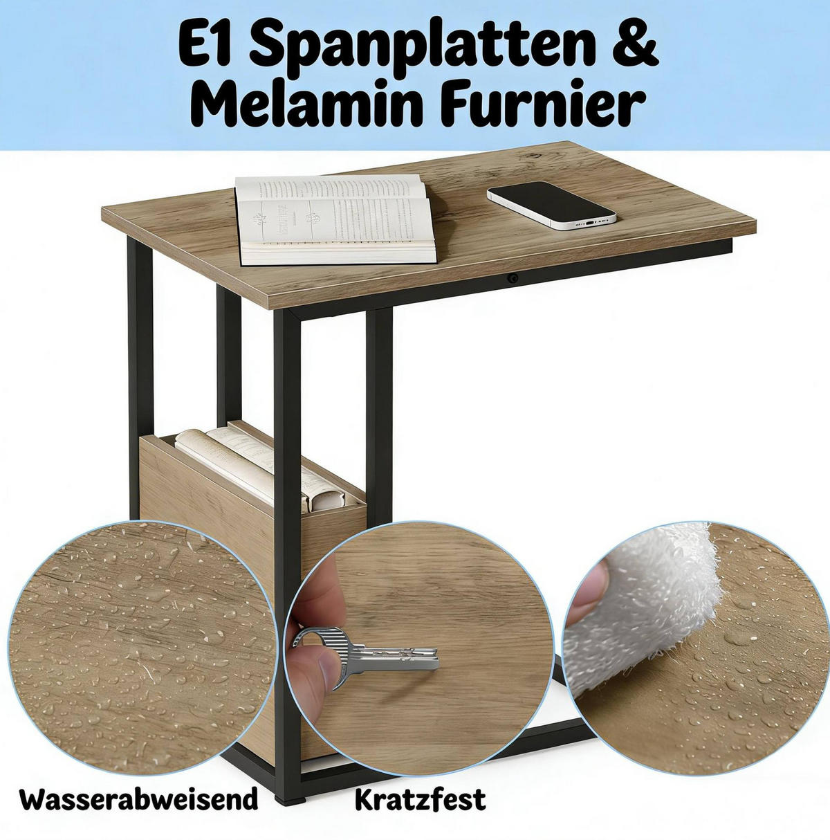 COUCHTISCH aus Holz & Metall 55x36x59,5 cm in Naturfarben mit Seitenregal - Naturfarben, Holzwerkstoff (55/36/59.5cm) - Modfu