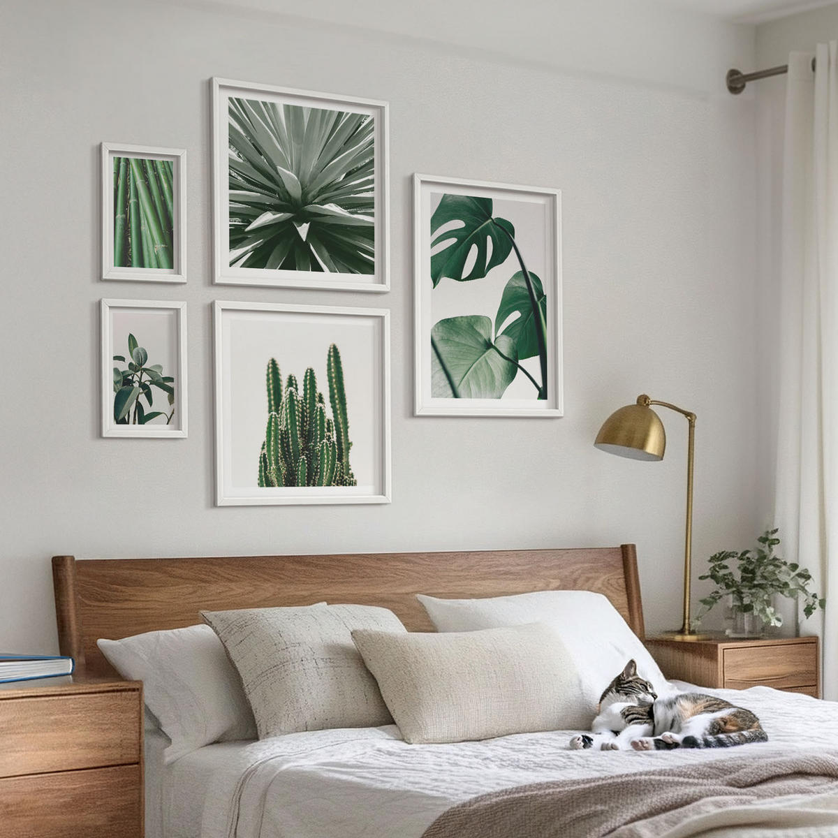 WANDBILDER 5er-Set - 50x50 cm & 20x30 cm & 40x60 cm Weißer Rahmen - Bambusblätter - Weiß, Kunststoff (40/60cm) - ArtPrintCave