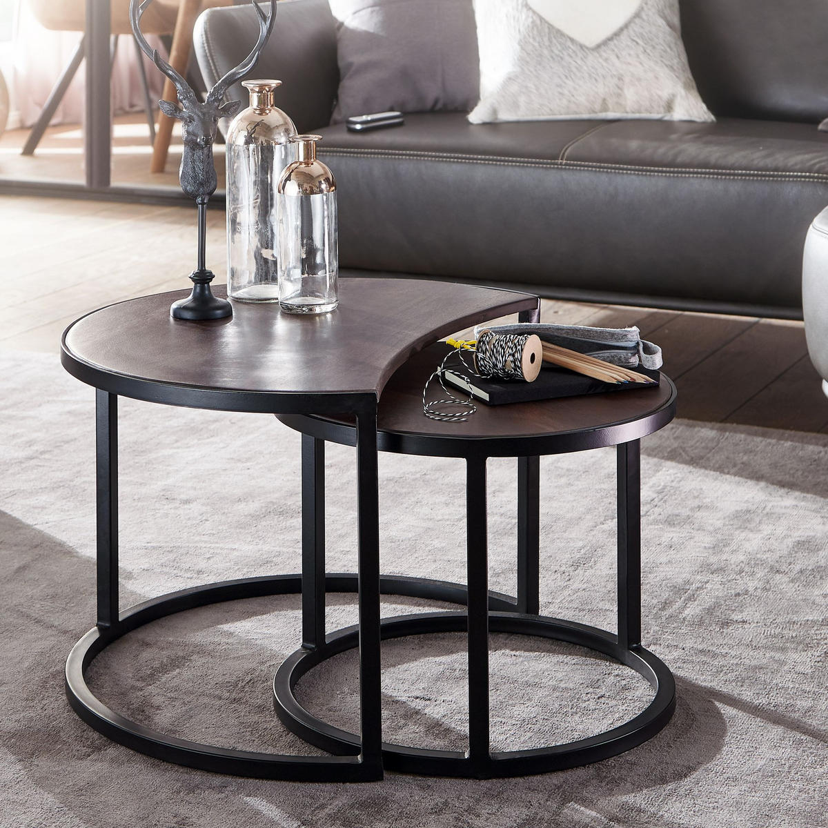 COUCHTISCH 2er Set Holz Metall Industrial Handgefertigt ESINO, Braun 60x41x41 cm - Schwarz/Braun, Holz/Metall (41/60/41cm) - KADIMA DESIGN