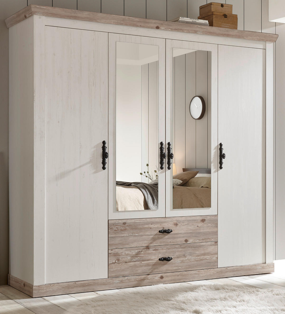 KLEIDERSCHRANK Pinie weiß, Oslo Pinie Landhaus, Drehtürenschrank 4-türig mit Spiegel, 217 x 201 cm - Anthrazit/Weiß, Holzwerkstoff/Metall (217/201/60cm) - Furn.Design