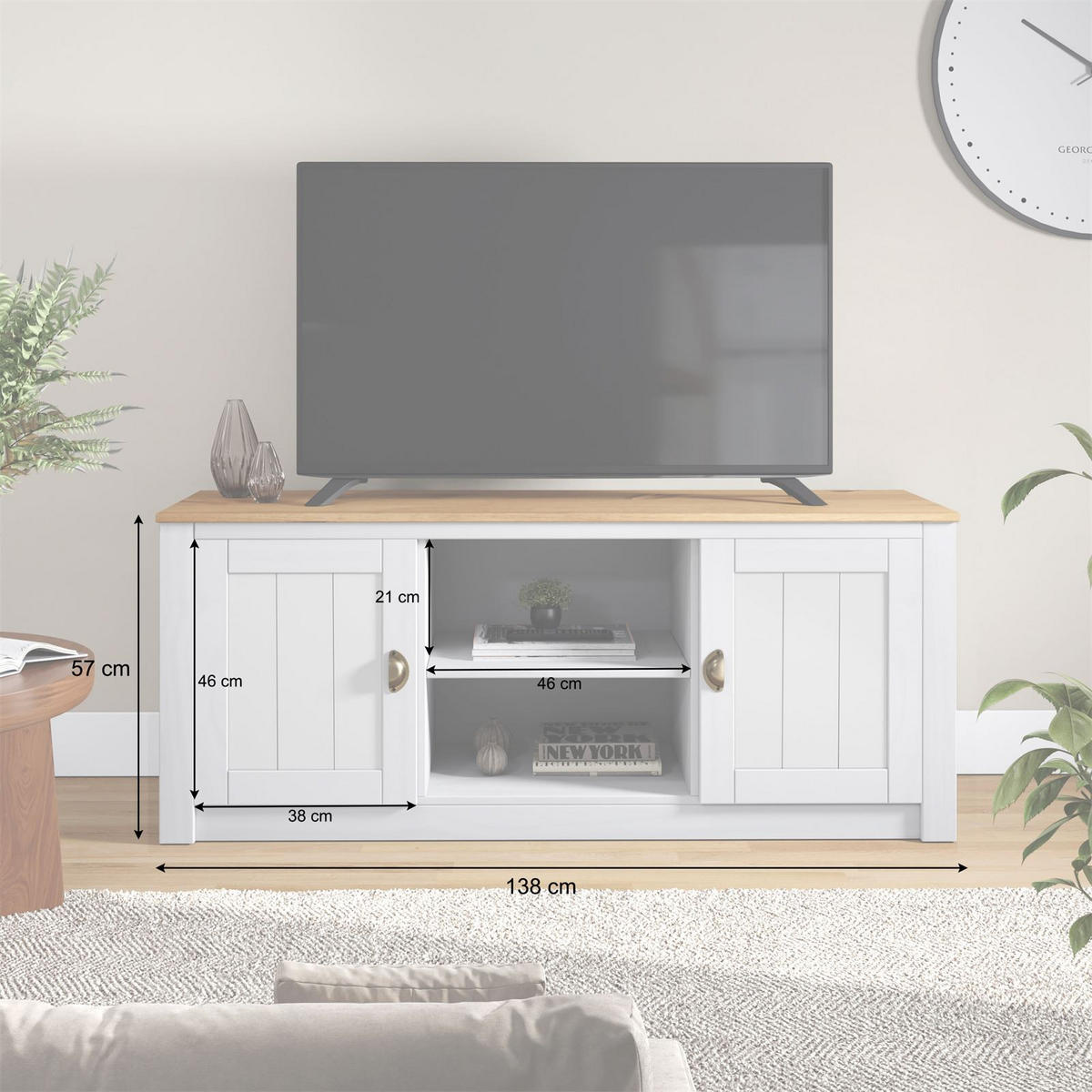 TV-LOWBOARD BOLTON - Weiß/Braun, Holz (138/57/40cm) - IDIMEX